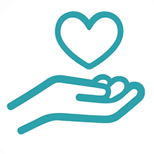 Teal icon of a hand holding a heart