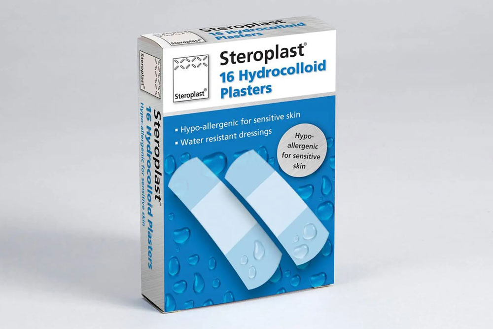 A box of Steroplast Hydrocolloid Plasters