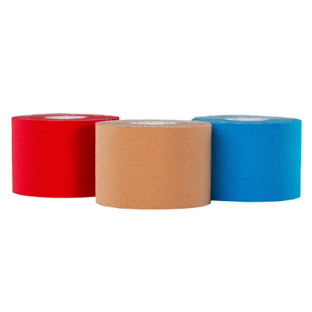 Red, beige and blue rolls of kinesiology tape
