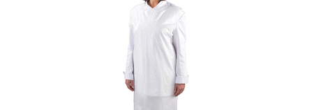 A white disposable apron designed to provide protection in medical or clinical settings.