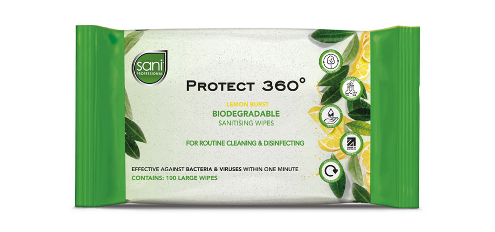 Sani Professional® Protect 360° Biodegradable Sanitising White Wipes