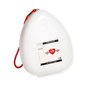 Compact, white pocket CPR kit with a red keychain and a heart symbol on the front, designed for emergency use.