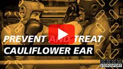 Video thumbnail showing two boxers in headgear sparring. Text reads: 'Prevent and Treat Cauliflower Ear.'