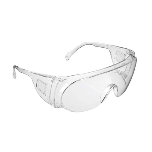 Clear safety glasses with wrap-around lenses and side shields, designed for eye protection. The glasses have a simple, lightweight design and are shown against a plain white background.
