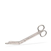 Pair of angled metal trauma scissors with blunt tips, ideal for safely cutting medical dressings