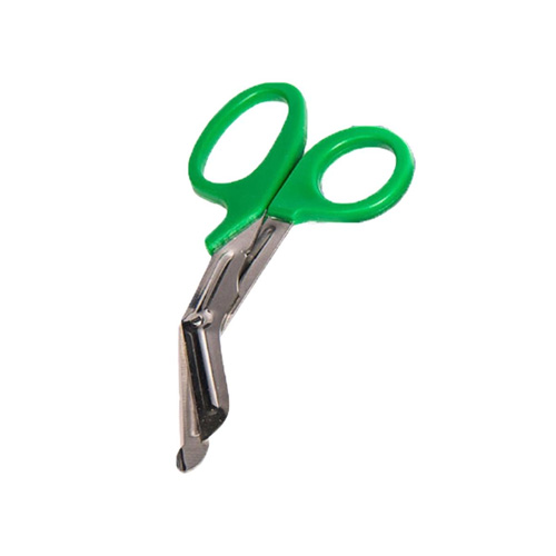 Angled medical scissors with green handles and a stainless steel blade, designed for safely cutting bandages and medical tape. The scissors are shown against a plain white background.