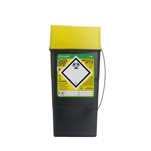 A compact, clearly labelled container for safe storage and disposal of used sharps, ensuring compliance with safety standards.