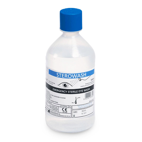 Bottle of Sterowash emergency sterile eye wash with a blue cap