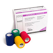 Four Steroban cohesive bandage rolls in blue, green, red, and yellow, ideal for strapping and support
