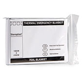 Packaged foil emergency blanket, labelled 
