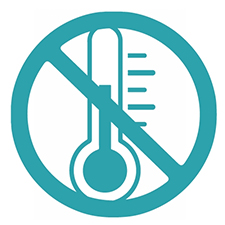 Teal icon of a thermometer with a line crossing it out