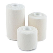 Three white bandage rolls of varying sizes, suitable for dressing wounds and providing support
